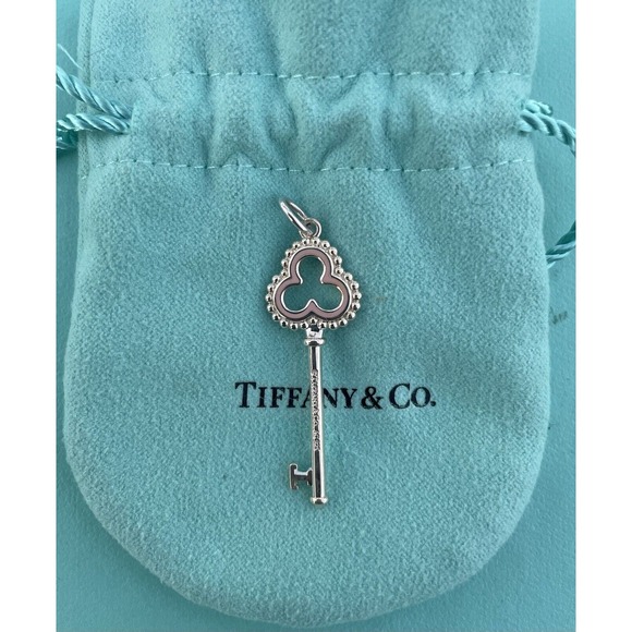 Tiffany & Co. Silver Beaded Pink Enamel Trefoil Key Charm Pendant For Necklace - Picture 5 of 6